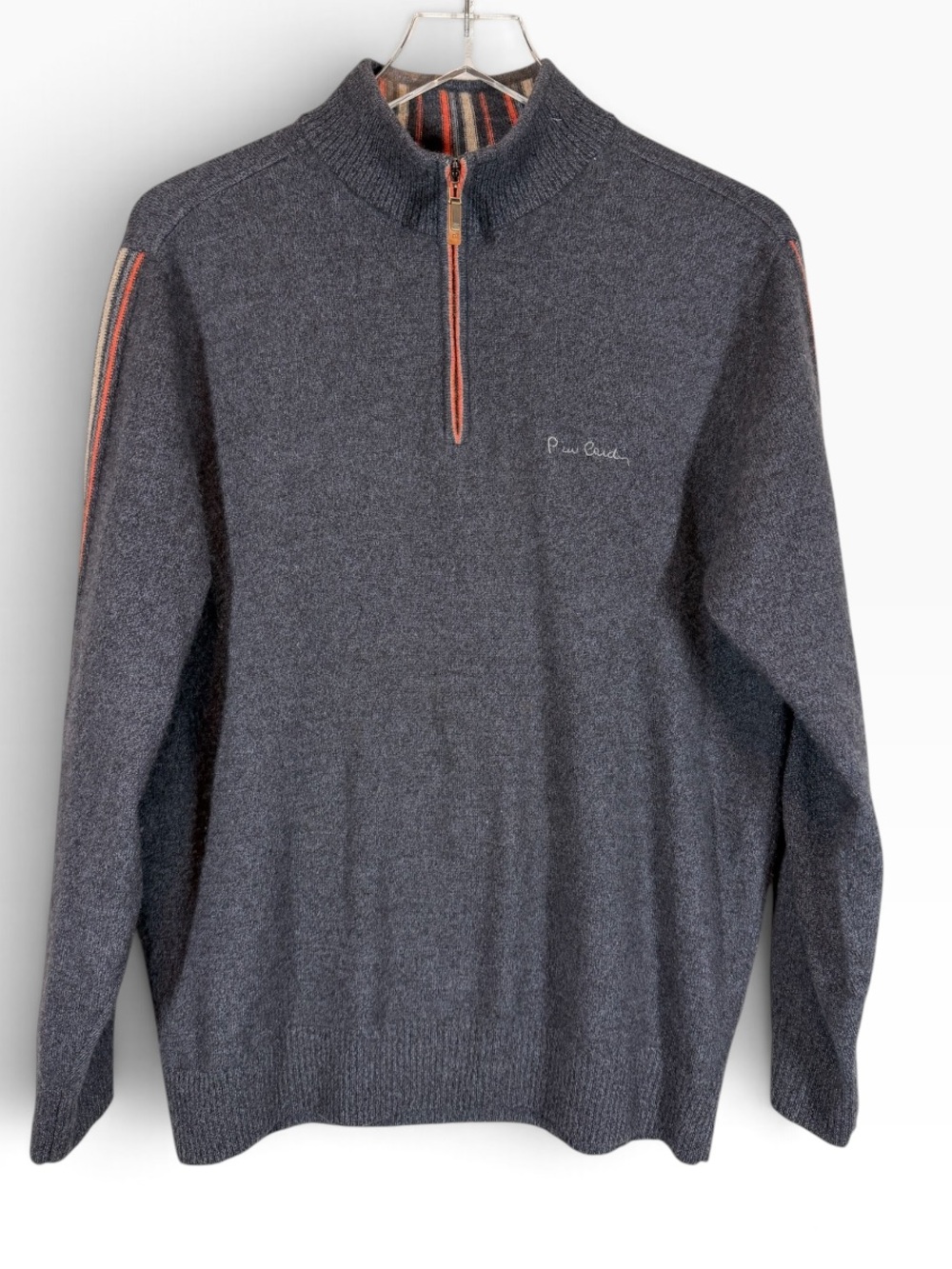 PIERRE CARDIN Men's Large Cashmere 1/4 Zip Pullover Sweater Striped Sleeves